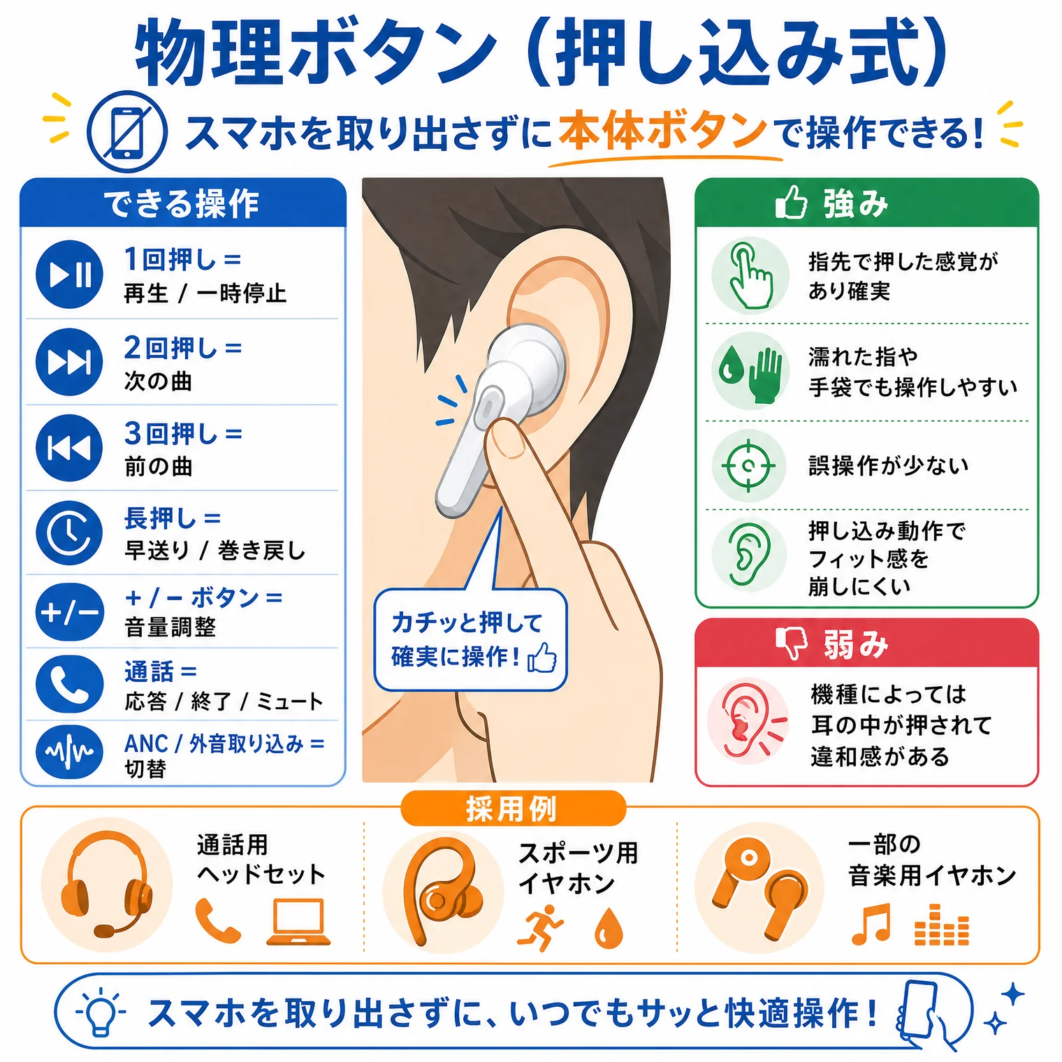 物理ボタン(押し込み式)の解説図解。スマホを取り出さずに本体ボタンで操作できる!できる操作:1回押し=再生/一時停止、2回押し=次の曲、3回押し=前の曲、長押し=早送り/巻き戻し、+/−ボタン=音量調整、通話=応答/終了/ミュート、ANC/外音取り込み=切替。カチッと押して確実に操作!強み:指先で押した感覚があり確実、濡れた指や手袋でも操作しやすい、誤操作が少ない、押し込み動作でフィット感を崩しにくい。弱み:機種によっては耳の中が押されて違和感がある。採用例:通話用ヘッドセット、スポーツ用イヤホン、一部の音楽用イヤホン。スマホを取り出さずに、いつでもサッと快適操作!