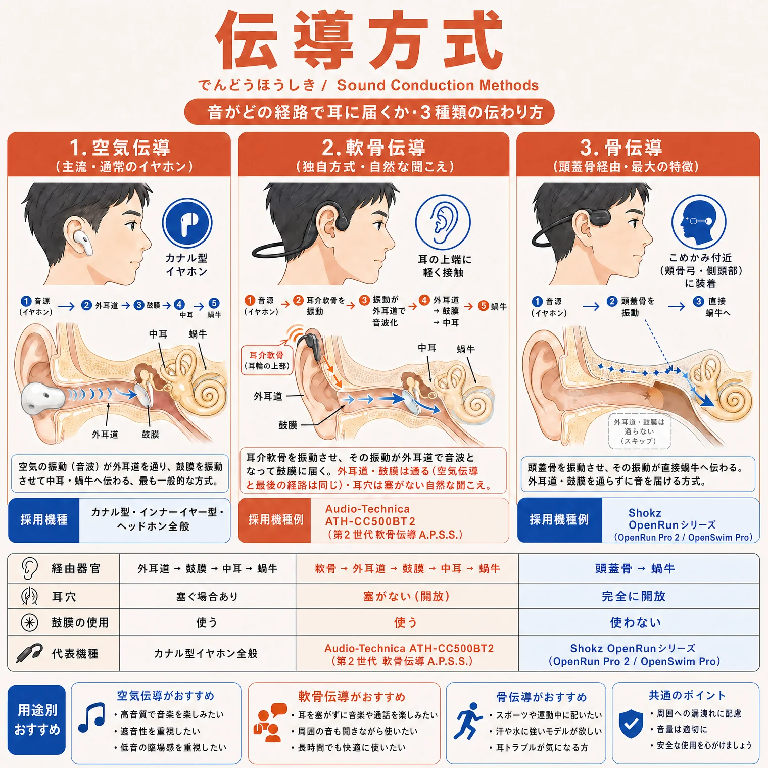 伝導方式(でんどうほうしき/Sound Conduction Methods)の解説図解。音がどの経路で耳に届くか・3種類の伝わり方。1.空気伝導(主流・通常のイヤホン):①音源(イヤホン)→②外耳道→③鼓膜→④中耳→⑤蝸牛。空気の振動(音波)が外耳道を通り、鼓膜を振動させて中耳・蝸牛へ伝わる、最も一般的な方式。採用機種=カナル型・インナーイヤー型・ヘッドホン全般。2.軟骨伝導(独自方式・自然な聞こえ):①音源(イヤホン)→②振動が耳介軟骨を振動→③外耳道で音波化→④鼓膜→⑤中耳→⑥蝸牛。耳介軟骨を振動させ、その振動が外耳道で音波となって鼓膜に届く。外耳道・鼓膜は通る(空気伝導と最後の経路は同じ)、耳穴を塞がない自然な聞こえ。採用機種例=Audio-Technica の軟骨伝導モデル。3.骨伝導(頭蓋骨経由・最大の特徴):①音源(イヤホン)→②振動子(蝸牛骨・側頭部)に伝送→③振動を頭蓋骨に伝送→④頭蓋骨を振動→⑤蝸牛へ。頭蓋骨を振動させ、その振動が直接蝸牛へ伝わる。外耳道・鼓膜を通らずに骨を通って音を届ける方式。採用機種例=Shokz の骨伝導モデル。一覧表:経由器官=空気伝導:外耳道→鼓膜→中耳→蝸牛、軟骨伝導:軟骨→外耳道→鼓膜→中耳→蝸牛、骨伝導:頭蓋骨→蝸牛。耳穴=空気伝導:塞ぐ場合あり、軟骨伝導:塞がない(開放)、骨伝導:完全に開放。鼓膜の使用=空気伝導:使う、軟骨伝導:使う、骨伝導:使わない。用途別おすすめ:空気伝導おすすめ=高音質で音楽を楽しみたい人・通話や動画視聴を重視する人・低音の濃厚感を重視したい人。軟骨伝導おすすめ=長時間装着したい人・両耳の音も自然な聞こえを優先したい人・長時間でも快適に使いたい人。骨伝導おすすめ=スポーツや運動中に使いたい人・汗や水に強いモデルが欲しい人・耳トラブルが多い人。共通のポイント=周囲への音漏れに注意・安全な使用方法を必ず確認しましょう。