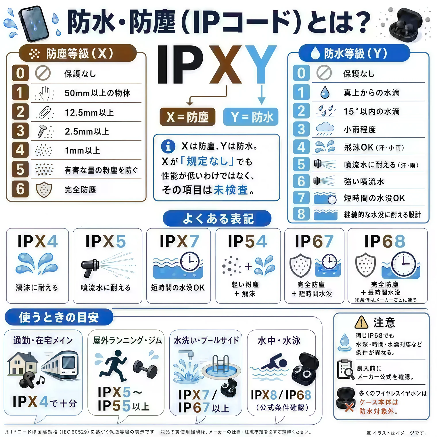 防水・防塵(IPコード)とは?の解説図解。分類は IPXY(X=防塵/Y=防水)。防塵等級(X):0=保護なし/1=50mm以上の物体/2=12.5mm以上/3=2.5mm以上/4=1mm以上/5=有害な量の粉塵を防ぐ/6=完全防塵。防水等級(Y):0=保護なし/1=真上からの水滴/2=15°以内の水滴/3=小雨程度/4=飛沫OK(汗・小雨)/5=噴流水に耐える(汗・雨)/6=強い噴流水/7=短時間の水没OK/8=継続的な水没に耐える設計。Xが「規定なし」でも性能が低いわけではなく、その項目は未検査。よくある表記:IPX4=飛沫に耐える、IPX5=噴流水に耐える、IPX7=短時間の水没OK、IP54=軽い粉塵+飛沫、IP67=完全防塵+短時間水没、IP68=完全防塵+長時間水没(メーカー指定の水深・時間内)。使うときの目安:通勤・在宅メイン=IPX4で十分、屋外ランニング・ジム=IPX5〜IP55以上、水洗い・プールサイド=IPX7/IP67以上、水中・水泳=IPX8/IP68(公式条件確認)。注意:同じIP68でも水量・時間・水没対応など条件は異なるため購入前にメーカー公式を確認、多くのワイヤレスイヤホンはケース本体は防水対象外。IPコードは国際規格(IEC 60529)に基づく保護等級の表示。